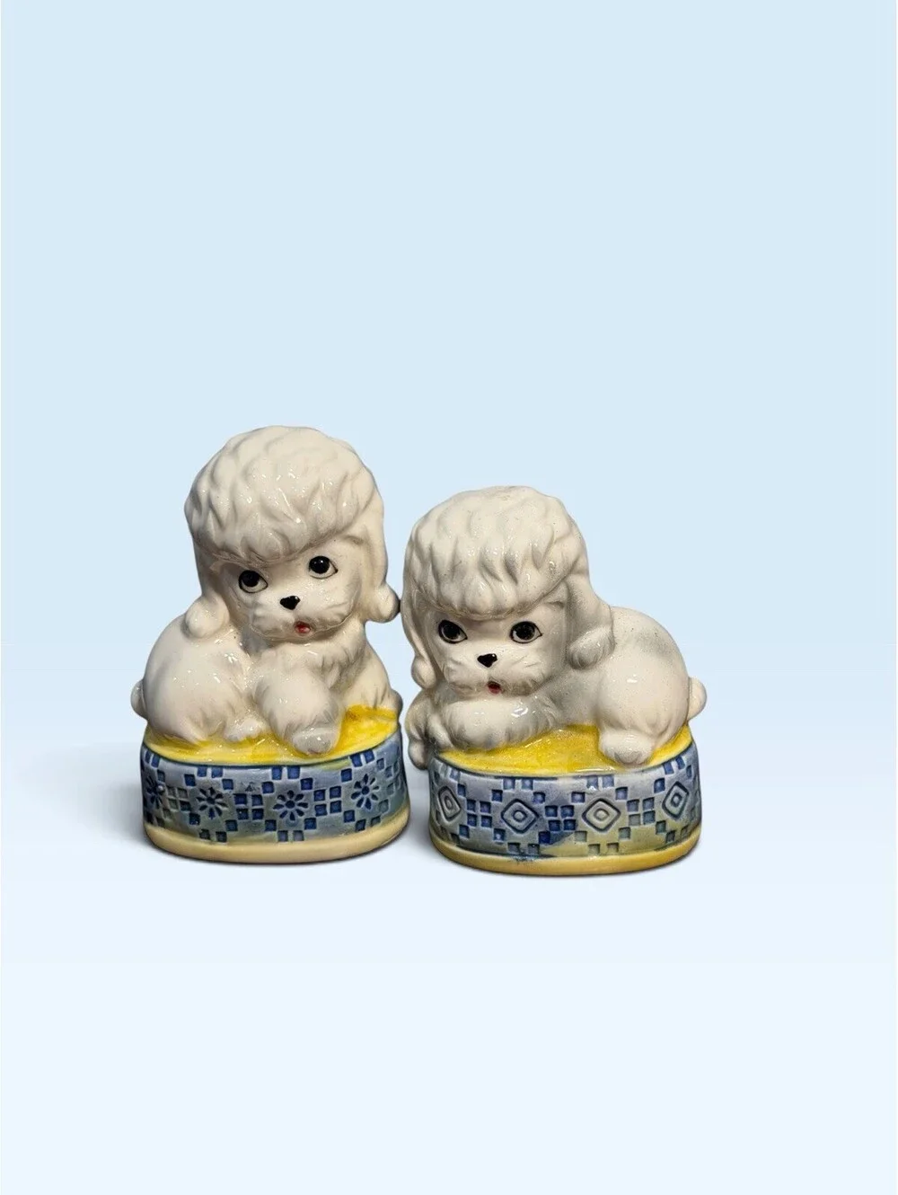 Vintage Ceramic Poodle Puppies Sitting on Pillows Salt & Pepper Shakers JAPAN